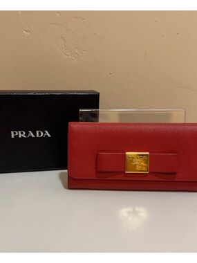 Prada Red Saffiano Gold-Plated Plaque Continental Wallet